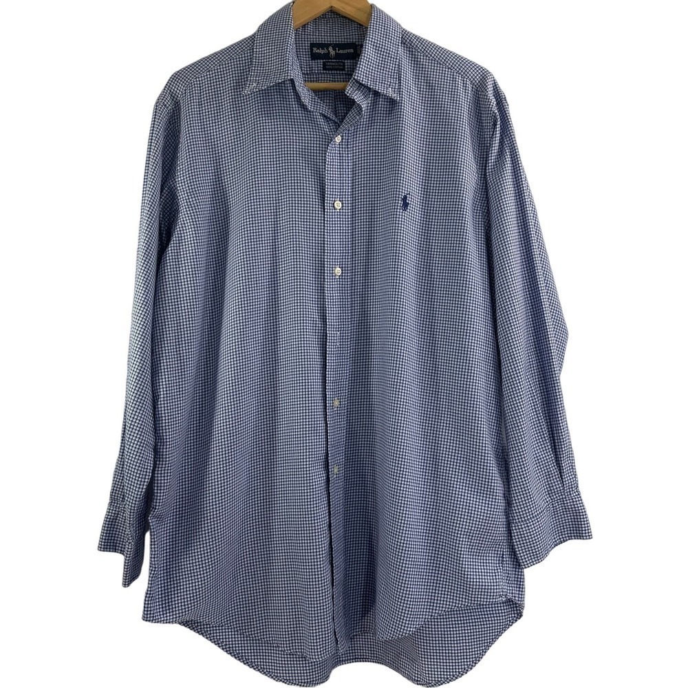 RALPH LAUREN 90s VTG Long Sleeve Navy Pony Yarmouth Blue Check Shirt Sz 16 32/33 - Picture 1 of 5